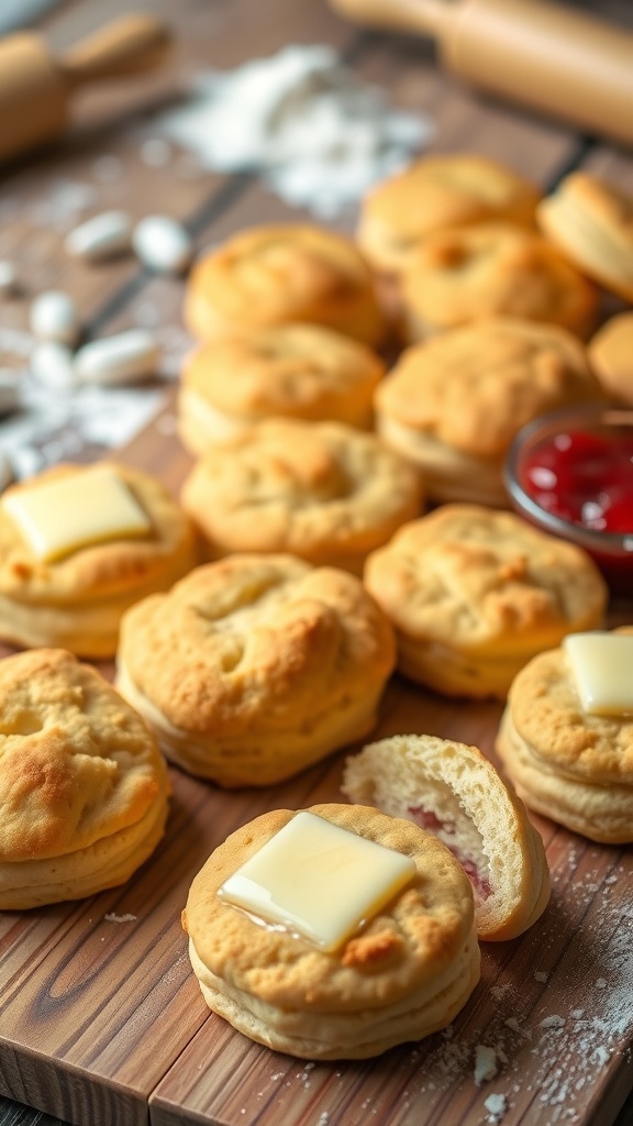 Homemade Yeast Biscuits Recipe Freshly baked golden yeast biscuits on a wooden table, with butter and jam.